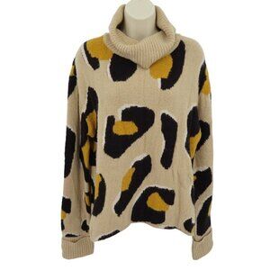 Moth Medium Beige Leopard Cheetah Animal Print Cowl Neck Knit Pullover Sweater